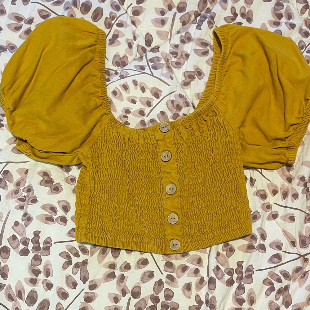 Mustard Puff Sleeve Smocked Top